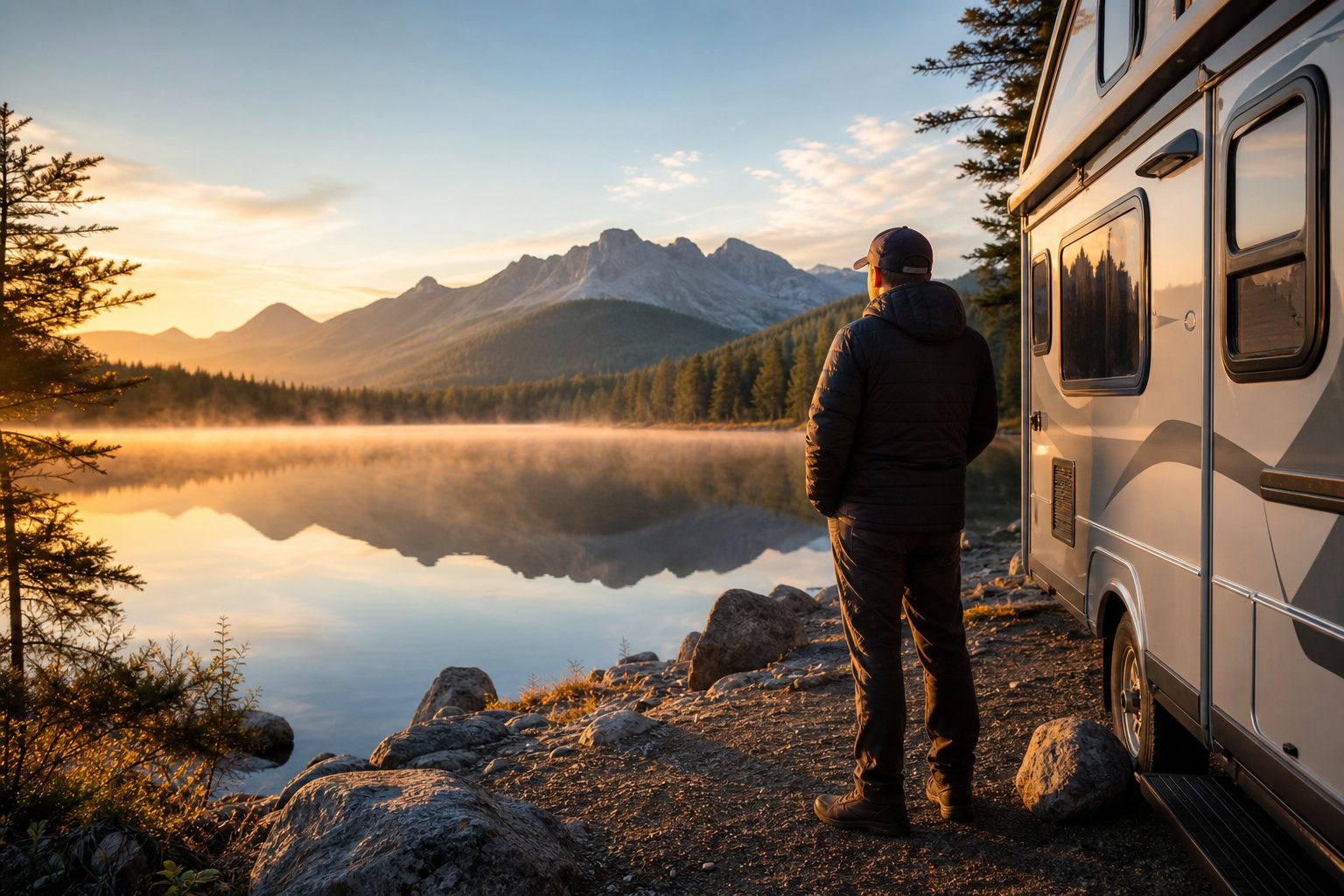 An RV traveller taking in a lakeside campsite at sunrise